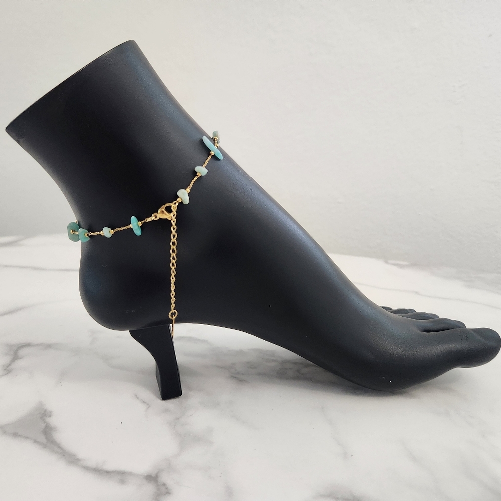 Minimalist Dainty Green Stone Stainless Steel Gold Plated Anklet - Picture 9 of 15